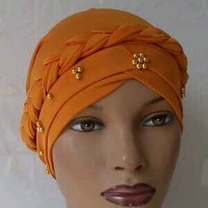 Women's Instant Turban Hijab Braid Chemo Cap Muslim Headcover Orange Bonnet